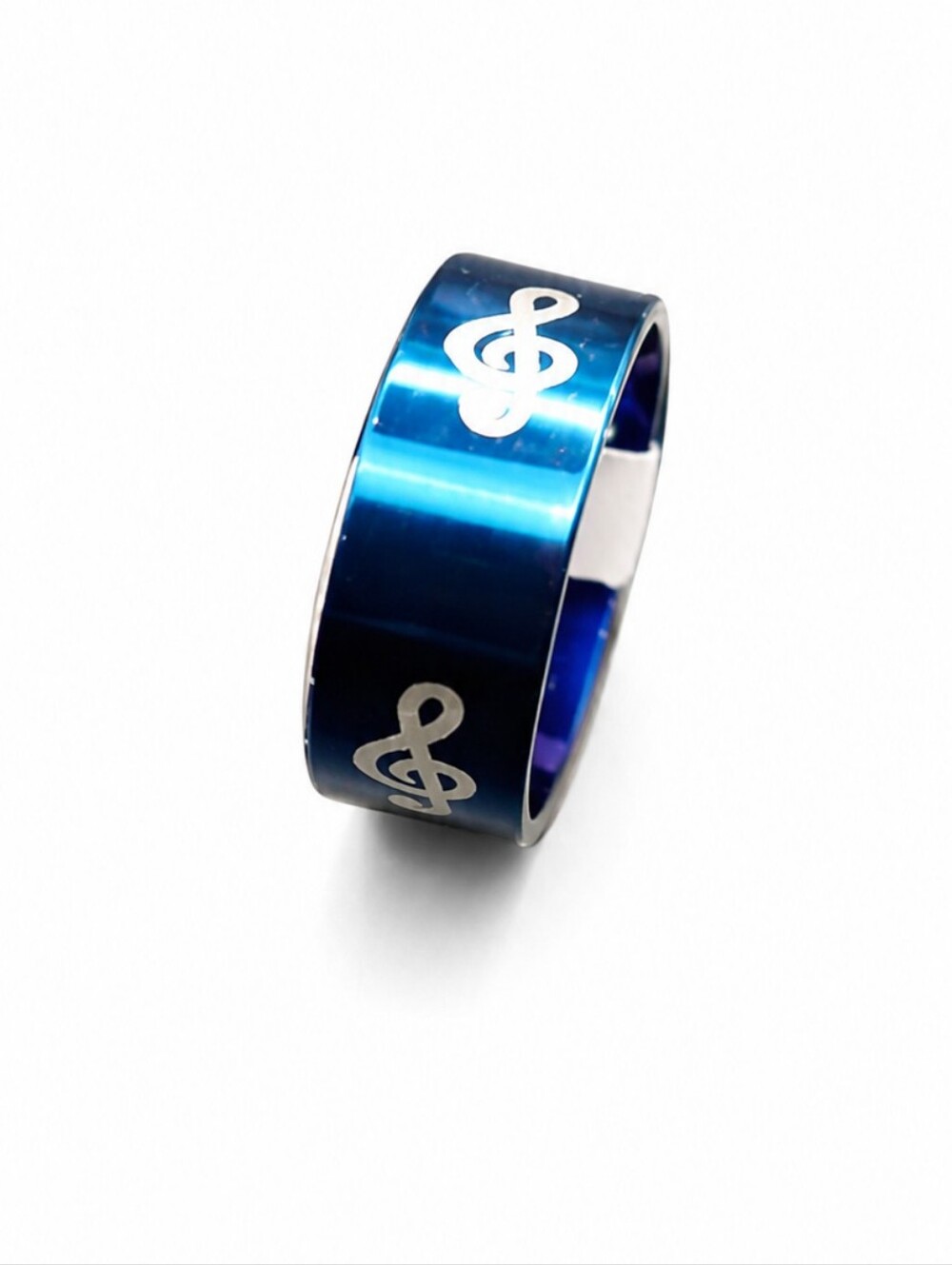 Blue Treble Clef Stainless Steel Ring Size 8.5